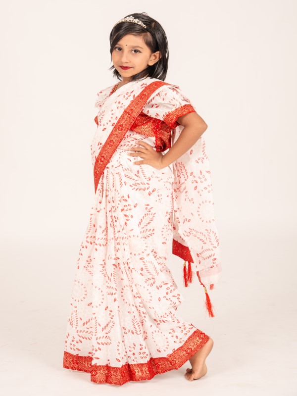 Red-White Boishakhi Cotton Kids Ready Saree for Eid & Weddings (5)