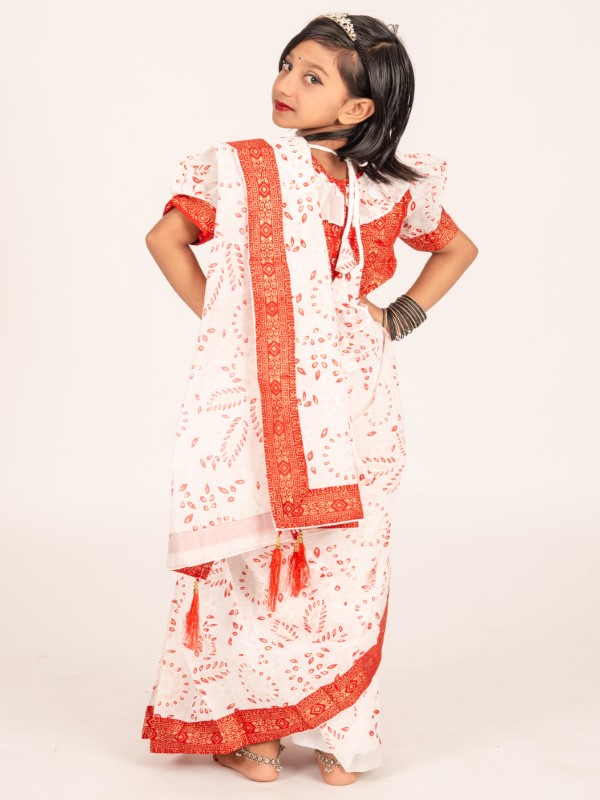 Red-White Boishakhi Cotton Kids Ready Saree for Eid & Weddings (6)