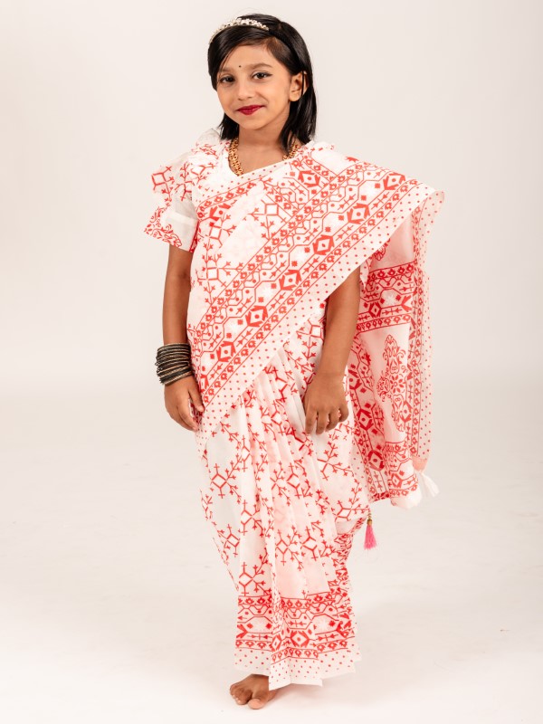 Red & White Half Silk Block Print Kids Ready Saree (3)
