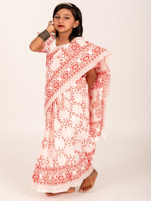 Red & White Half Silk Block Print Kids Ready Saree for Eid & Weddings – Lightweight Festive Wear