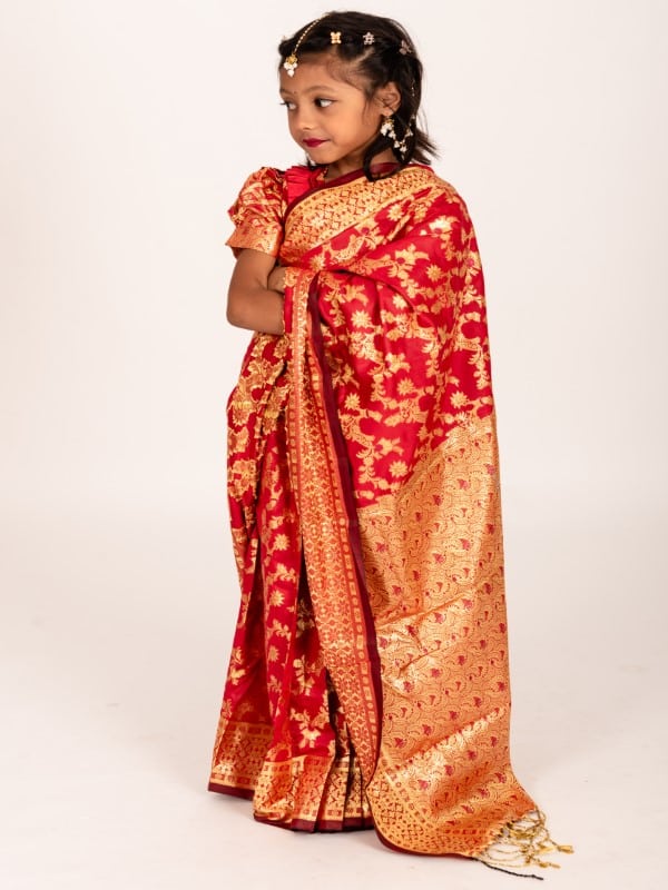 Stunning Red Soft Katan Kids Ready Saree for Eid & Weddings – Festive Wedding Wear