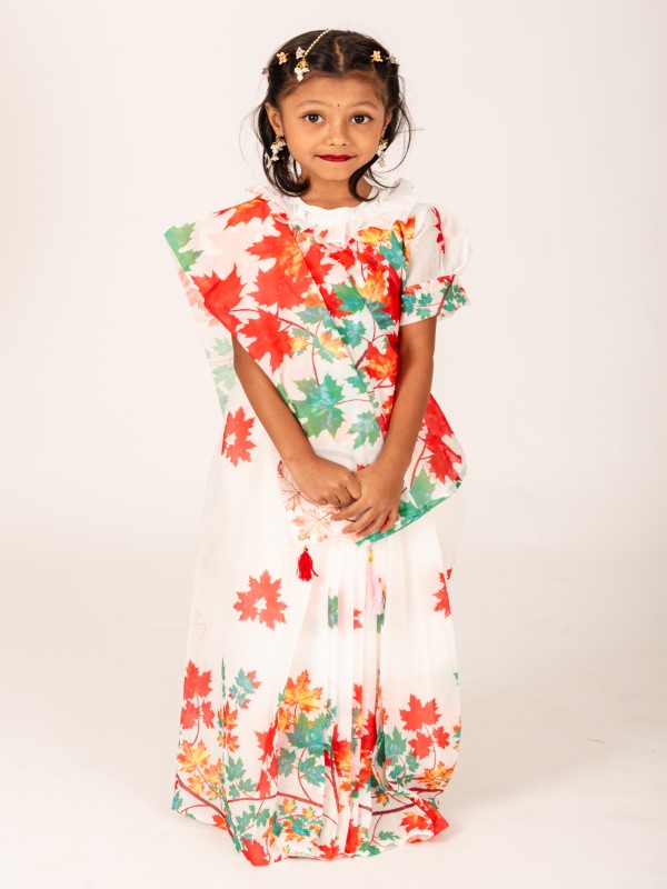 White Chanderi Silk Chenchuri Leaf Kids Ready Saree – Eid & Wedding Wear