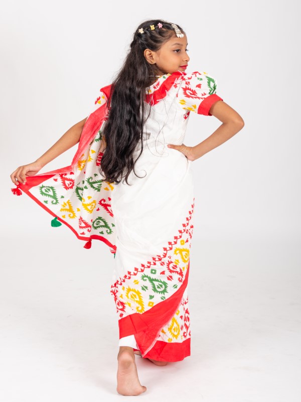White Half Silk Block Print Kids Ready Saree (1)
