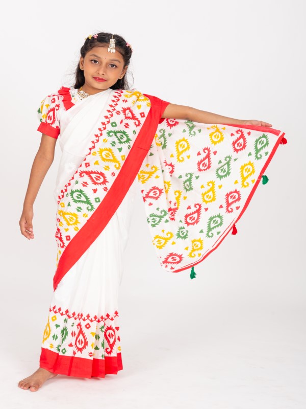 White Half Silk Block Print Kids Ready Saree (2)