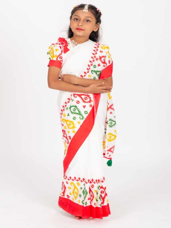 White Half Silk Block Print Kids Ready Saree for Eid & Weddings – Stylish Festive Wear