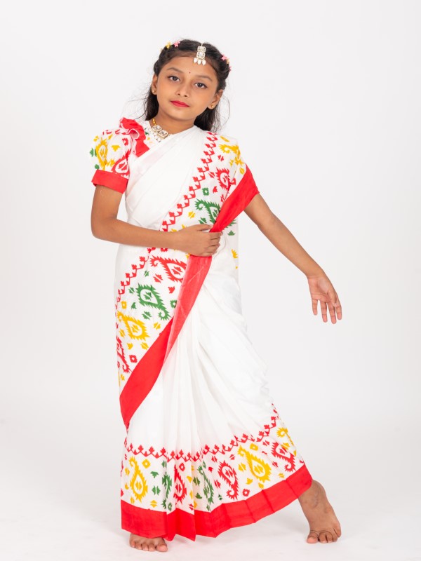 White Half Silk Block Print Kids Ready Saree (4)