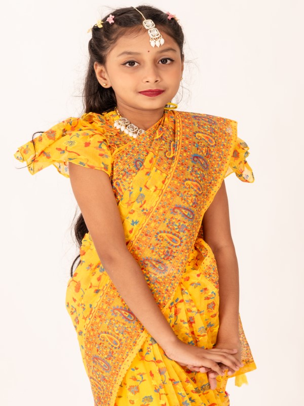 Bright Yellow Chunri Cotton Kids Ready Saree (1)