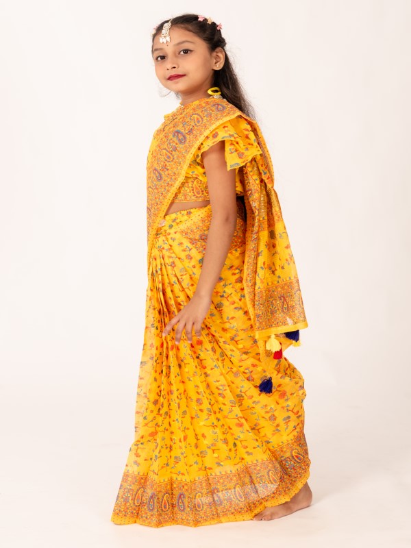 Bright Yellow Chunri Cotton Kids Ready Saree (2)